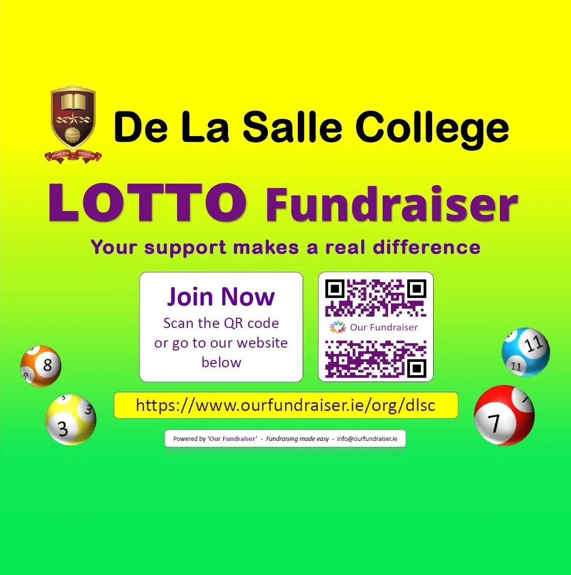 De La Salle College Lotto fundraiser poster with a QR code