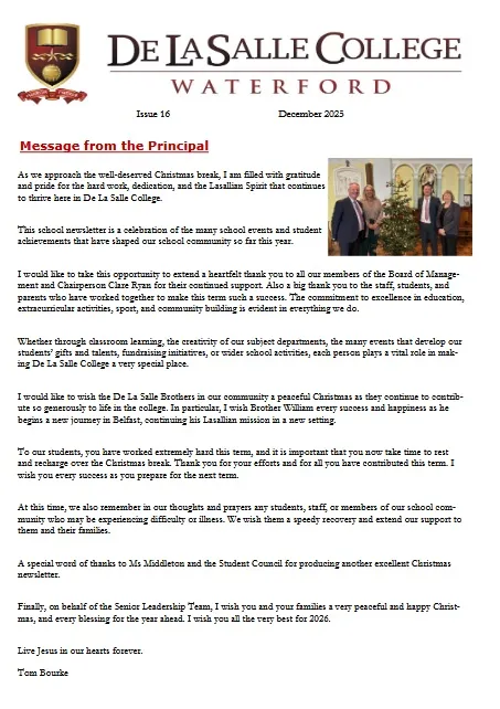The front page of a De La Salle College newsletter